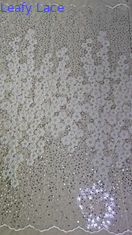 Tecido de bordados de poliéster com contas, lenço de lenço, renda espandêx, branco, 100% de renda bordada