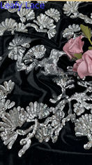 Folhas de Tulipa Negro Flocked renda Sequins Sliver tecido detalhado para declaração vestidos formais