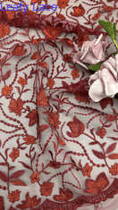 Tecido de renda bordado vermelho, malha de folhas, para festas, vestidos, roupas