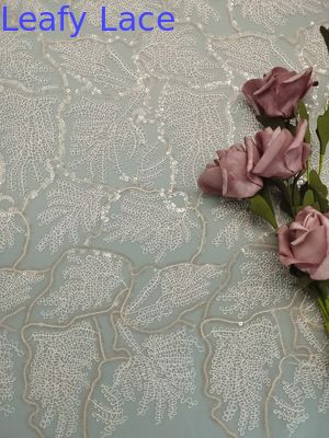 Leafy Embroidered Pink Sequin Lace Fabric Tulle Material Poly Embroidery Yarn