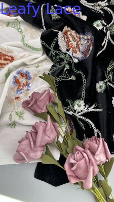 Flocked Mesh Flroal Sequin Embroideded Lace Fabric For Wedding Party Gowns