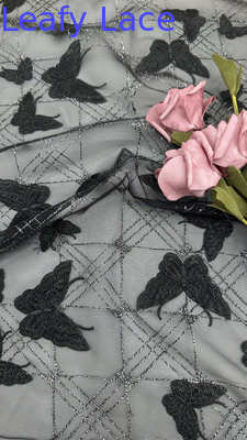 Butterfly Embroideded Plaid Mesh Breathe Lace Fabric For Girls Party Gowns
