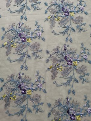 Polyester Purple Tulle Floral Embroidered Mesh Fabric By The Yard