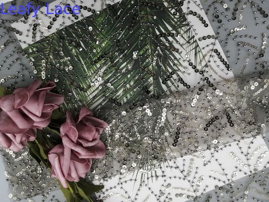 Party Grey Embroidered Sequin Lace Fabric For Wedding Dress