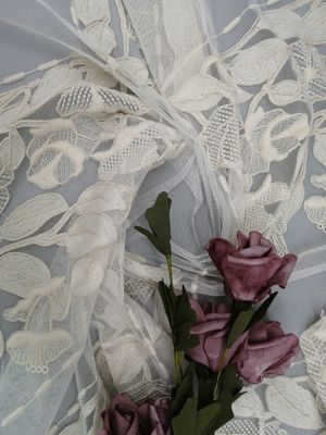 Beige Cotton Embroidery Corded Fabric Bed Floral Tulle Cloth