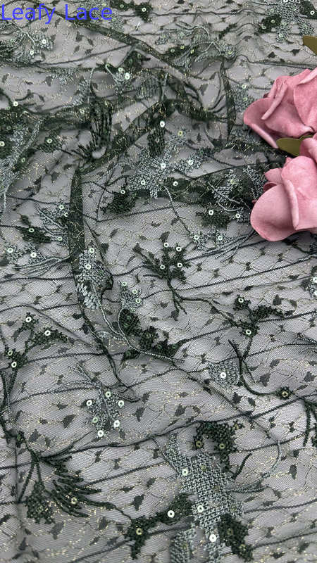 Black Sequin Embroidered Floral Mesh Fabric Sheer Elegance with Subtle Shine For New Collection