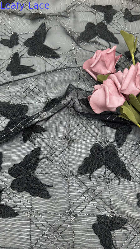 Butterfly Embroideded Plaid Mesh Breathe Lace Fabric For Girls Party Gowns