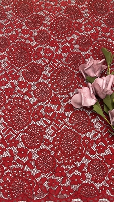 Alta Qualidade Cor Vermelha Corda Brilhante Floral Fronteira Encaixada Tecido de renda pelo pátio Vestido para moda