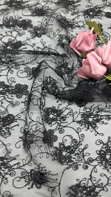 Fibras de renda preta dura e elegante bordado flor luxuosa 100% de malha bordado tecido renda tecido casamento aniversário ocasião vestido bonito