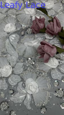Tela de renda de algodão com bordado de contas Tela de renda de algodão com rede de algodão Floral Elegante Tela de algodão de algodão de luxo Tela de ocasião