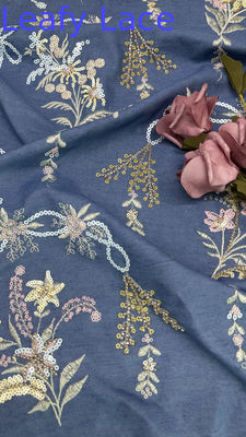 Tecido de renda bordada de algodão com cultura oriental, malha floral com lantejoulas para senhoras