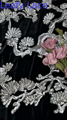 Folhas de Tulipa Negro Flocked renda Sequins Sliver tecido detalhado para declaração vestidos formais