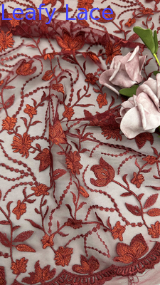 Tecido de renda bordado vermelho, malha de folhas, para festas, vestidos, roupas