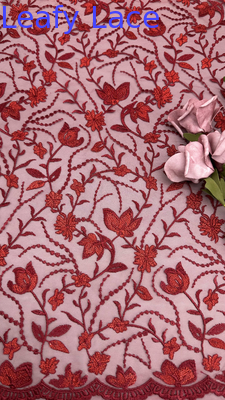 Tecido de renda bordado vermelho, malha de folhas, para festas, vestidos, roupas