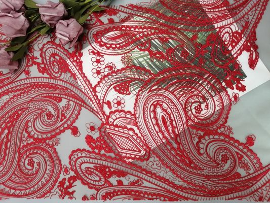 Tela vermelha do laço de Mesh Bridal Dress Embroidery Paisley do tule