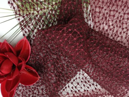 Artigos Mesh Embroidered Wine Red Polka Dot Tulle Fabric do fundamento