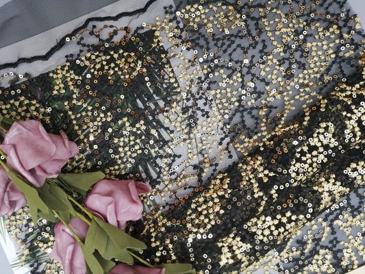Lantejoula bordada preto Mesh Fabric do partido de 125CM