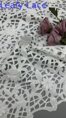 Tecido de renda de crochê, lenço branco, tecido de renda bordado, folhas de luxo, tecido de casamento
