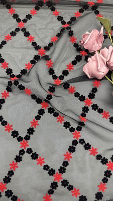 Pequena Flor Rosa & Renda de Malha Preta Aveludada Qualidade Personalizada para Vestido